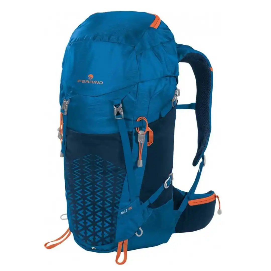 Mochila de alpinismo ligera Ferrino Agile 25 azul con sistema de espalda transpirable Hollow Back y soportes para piolet