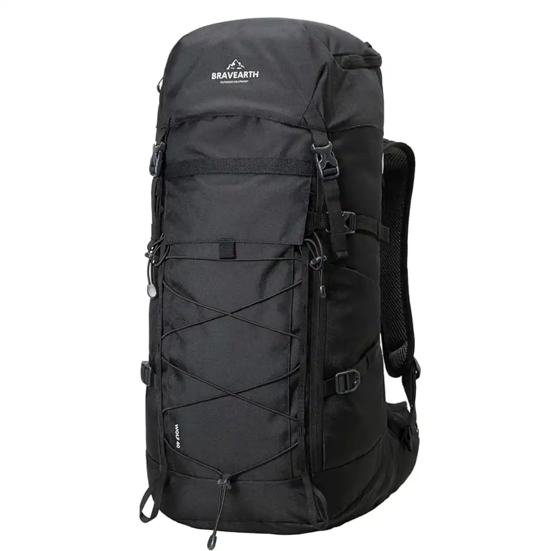 Mochila de trekking BravEarth Wolf 40 litros con red elástica frontal para carga externa y funda de lluvia