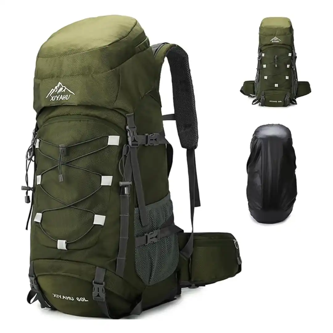 Mochila de trekking Lawaia 60 litros ligera con compartimento inferior para calzado y silbato de emergencia