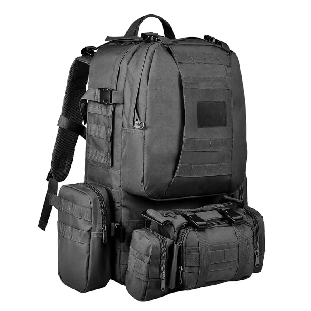 Mochila militar Wiserset 60 litros con bolsillos laterales y riñonera frontal desmontables